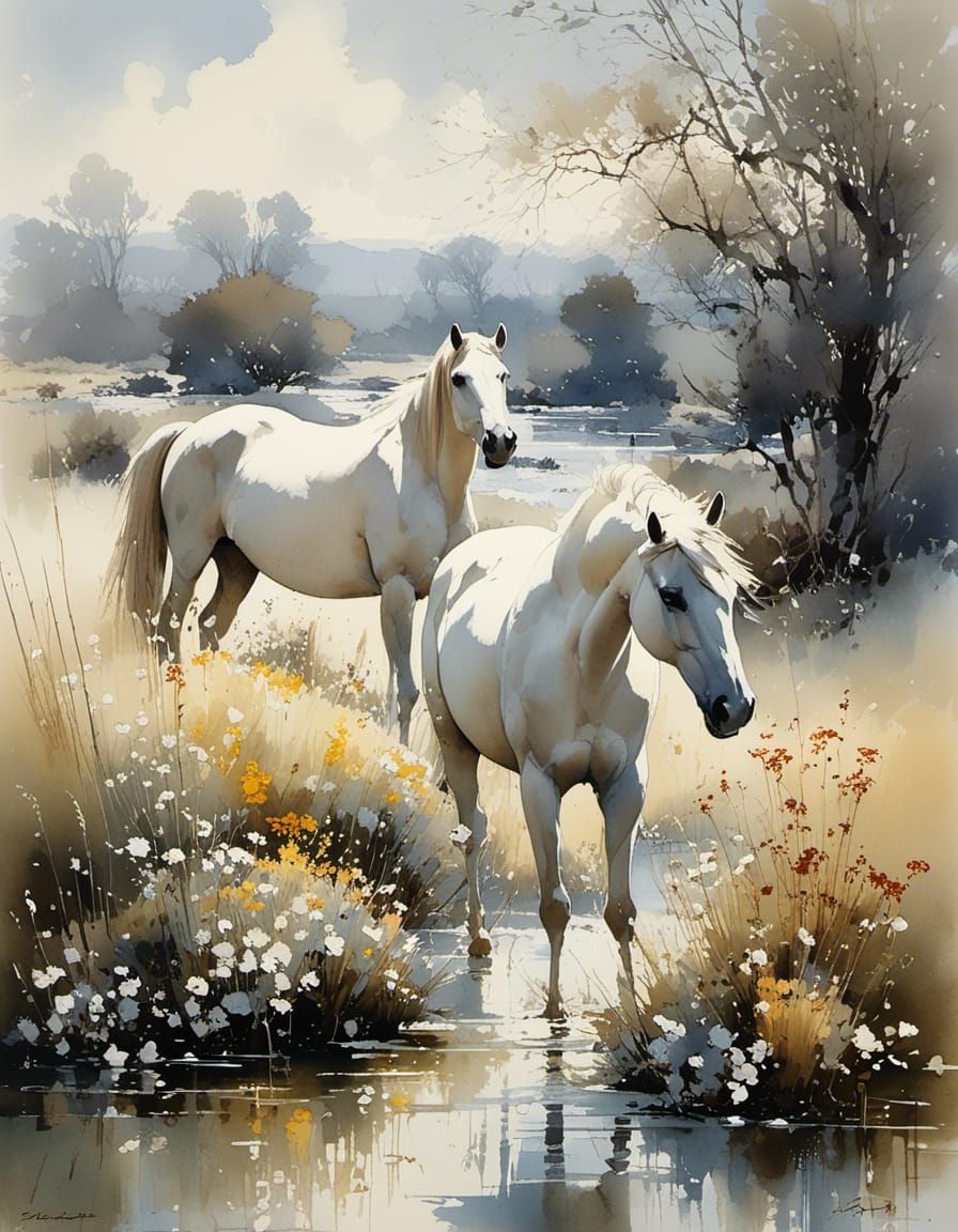 Camargue Landscape with Wild Horses, Gouache Painting