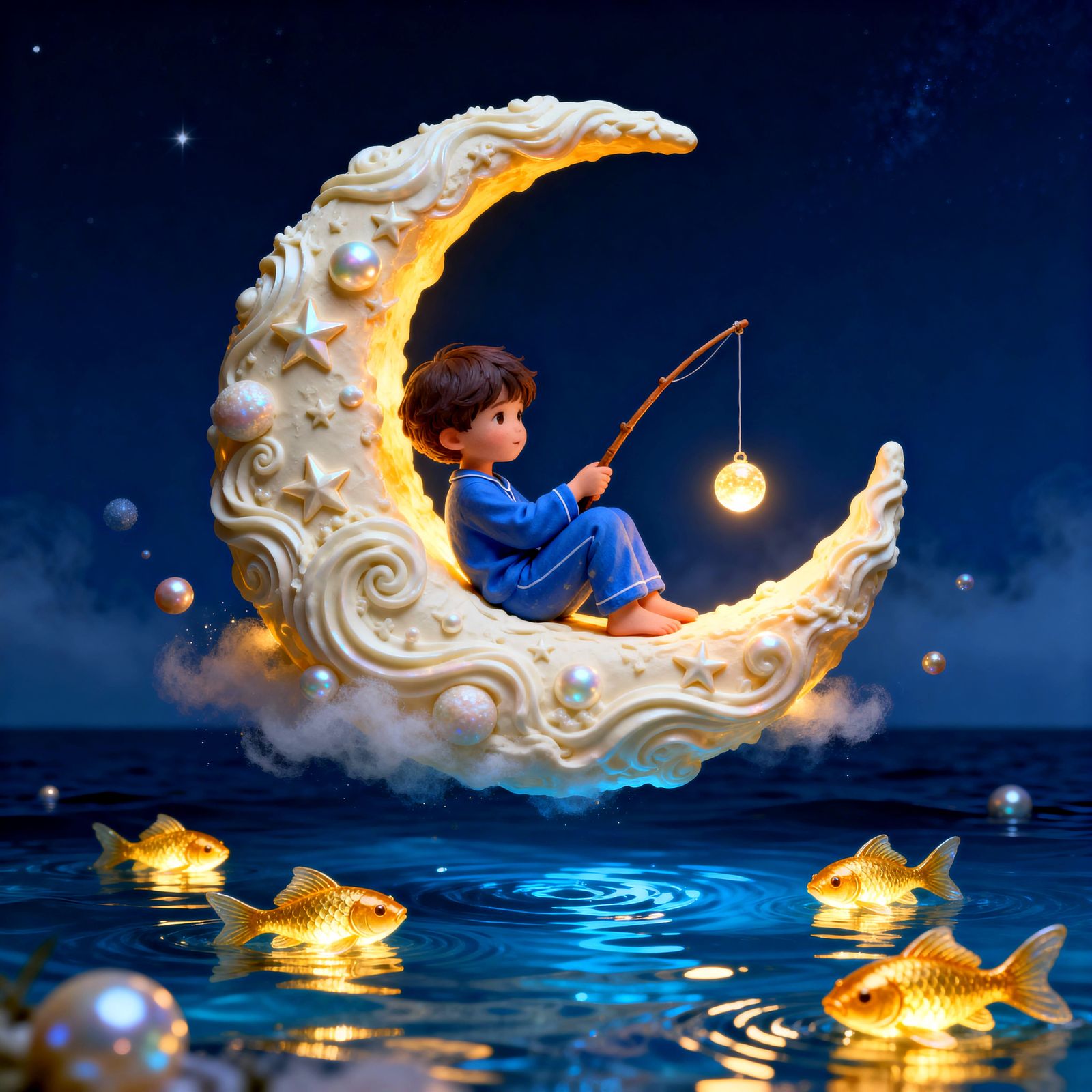 Child Fishing from a Glowing Moon Over Dream Ocean