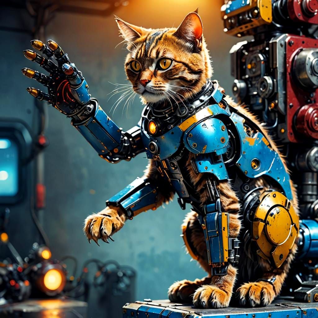 Cat Comfortably Seated on a Robot Hand