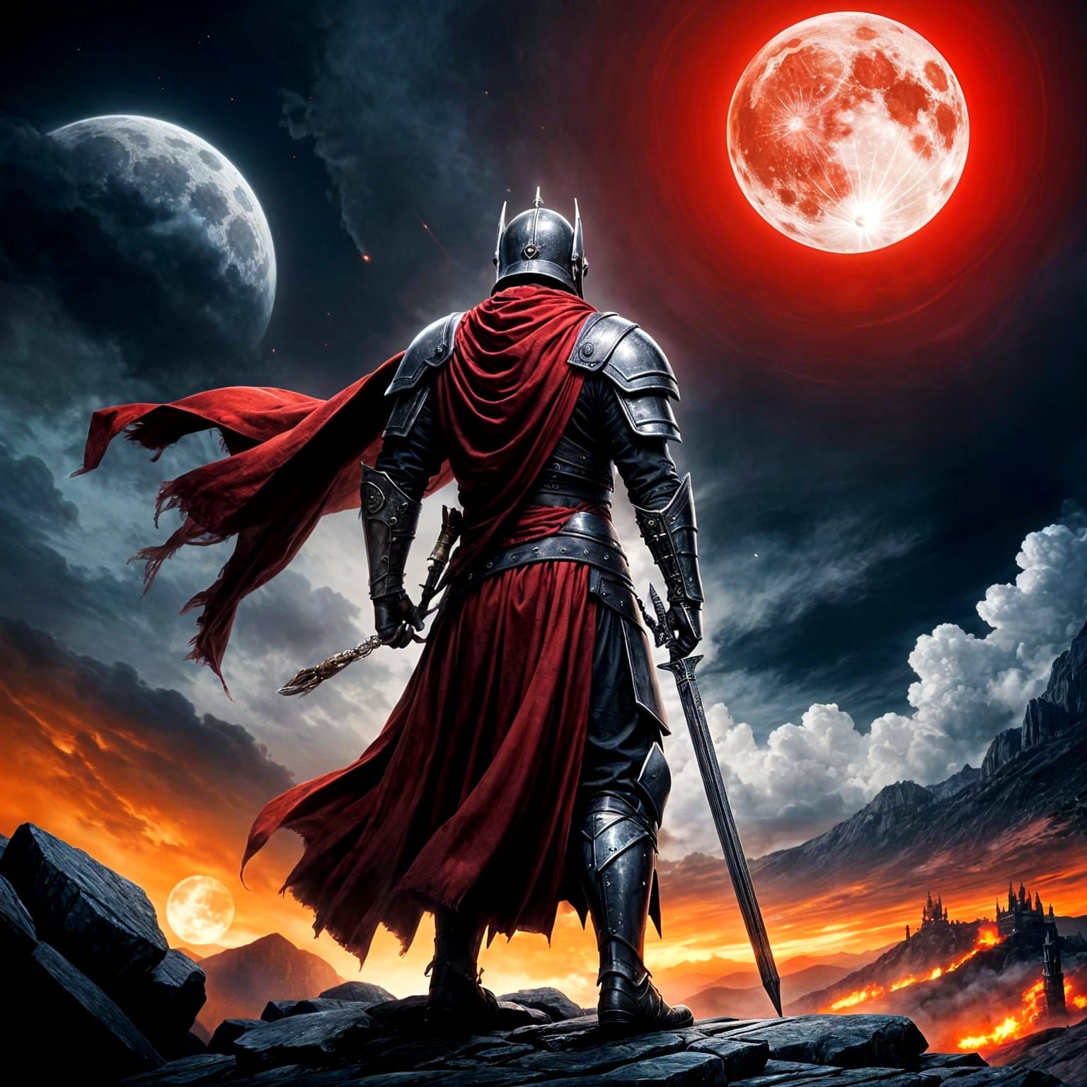 Warrior Under Crimson Moonlit Banner
