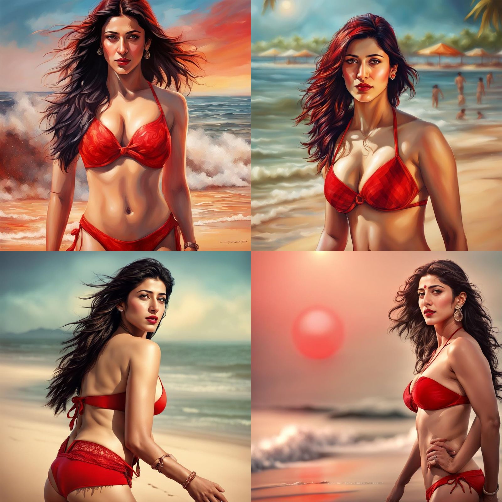 Shruti Hassan in Red Bikini: Hyperrealistic Beach Art
