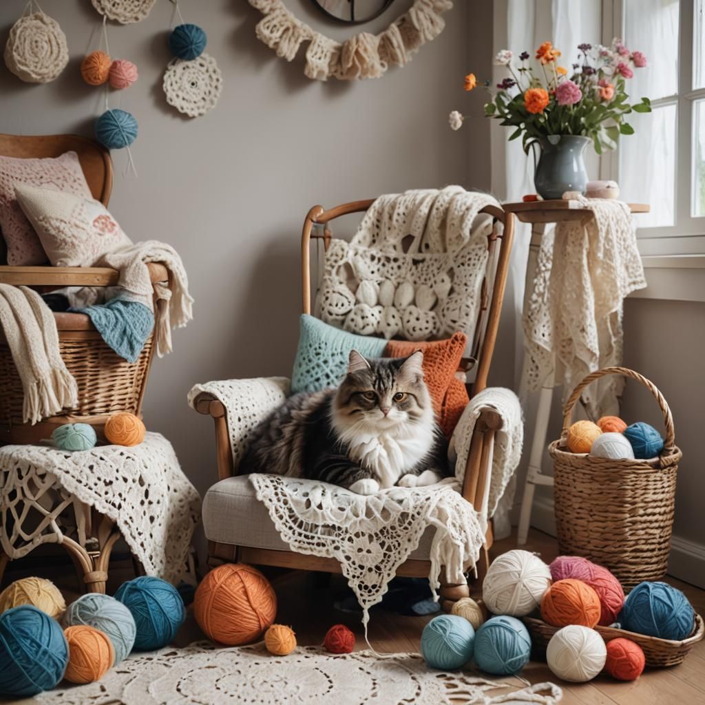 Fluffy Cat Knitting in Cozy Living Room