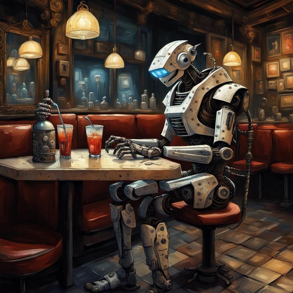 Robot and a  Drink alone in the night Cafe