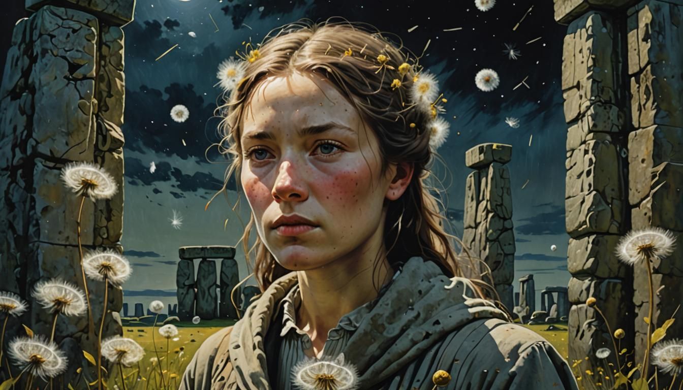 Dandelion Maiden in Stonehenge: Hyperrealistic Night Scene