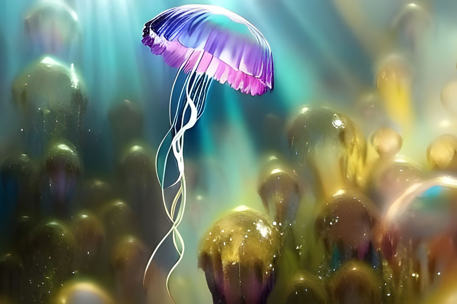 Colorful Jellyfish in a Shimmering Coral Reef