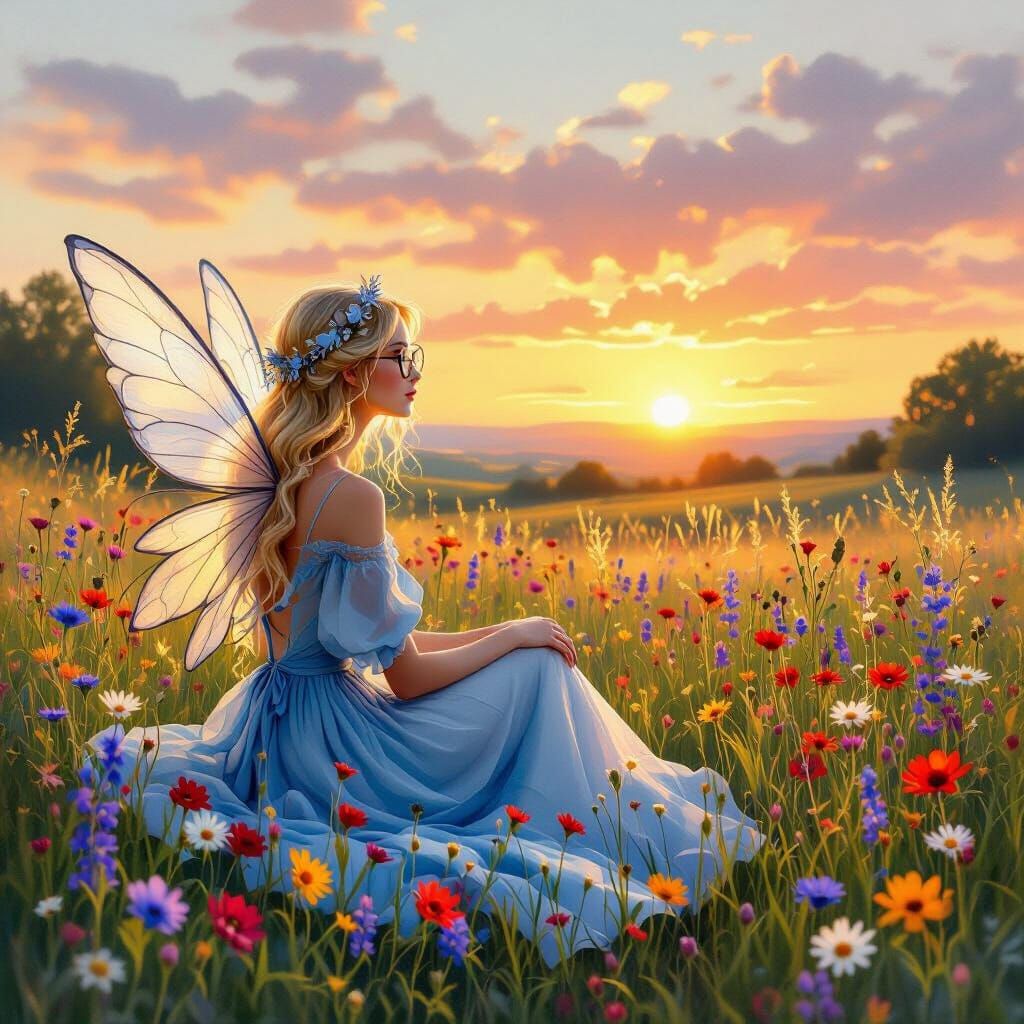 Fairy in Blue Dress Gazes at Sunset in Flower Meadow
