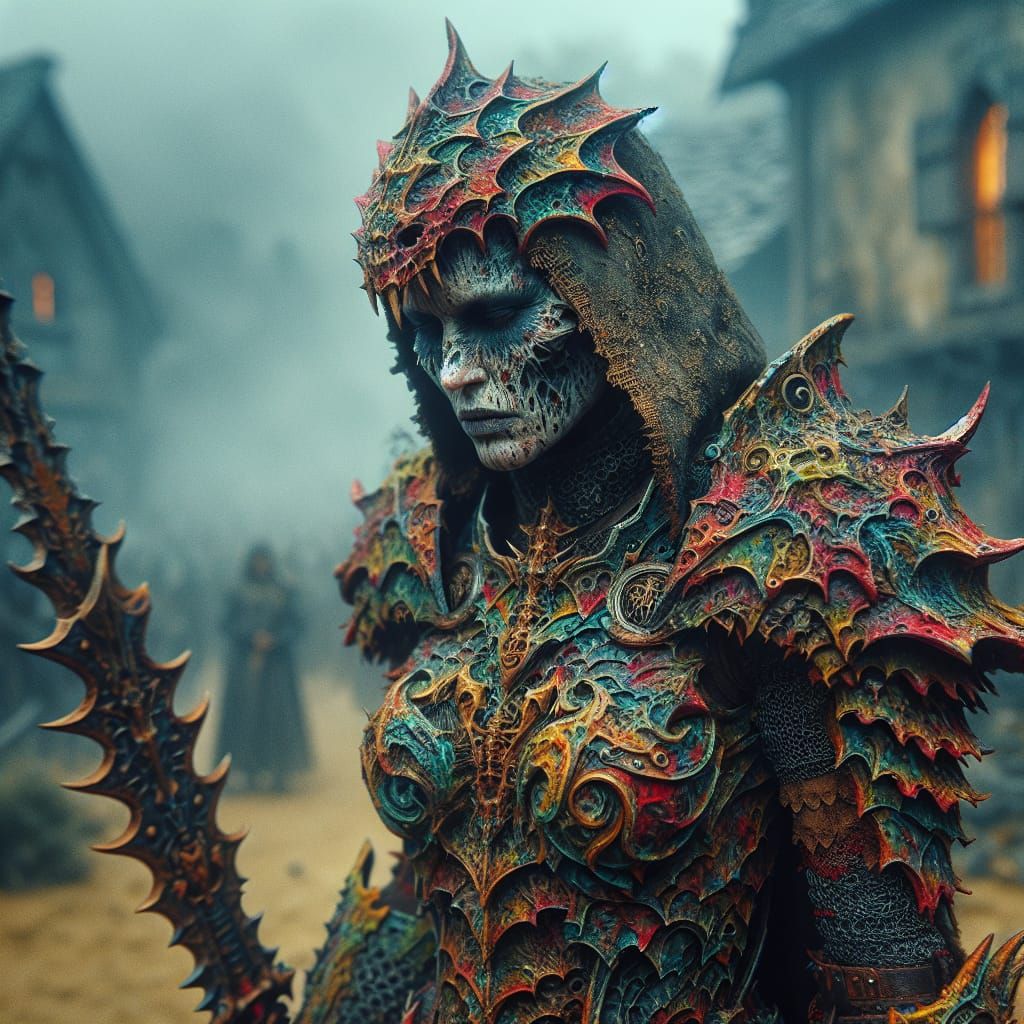 Nightmare Witch in Gothic Armor, Dystopian Battle Scene