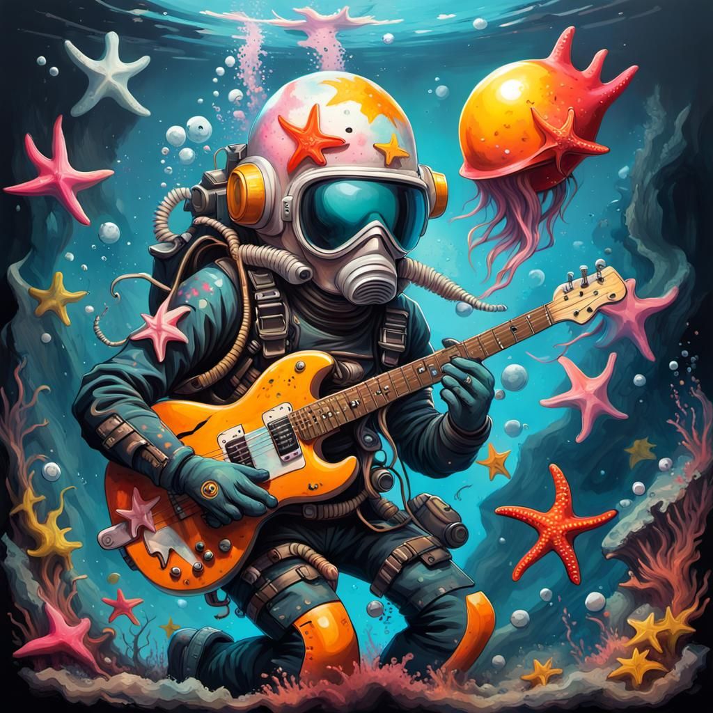 Rocker Diver Plays Guitar in Graffiti Art Style