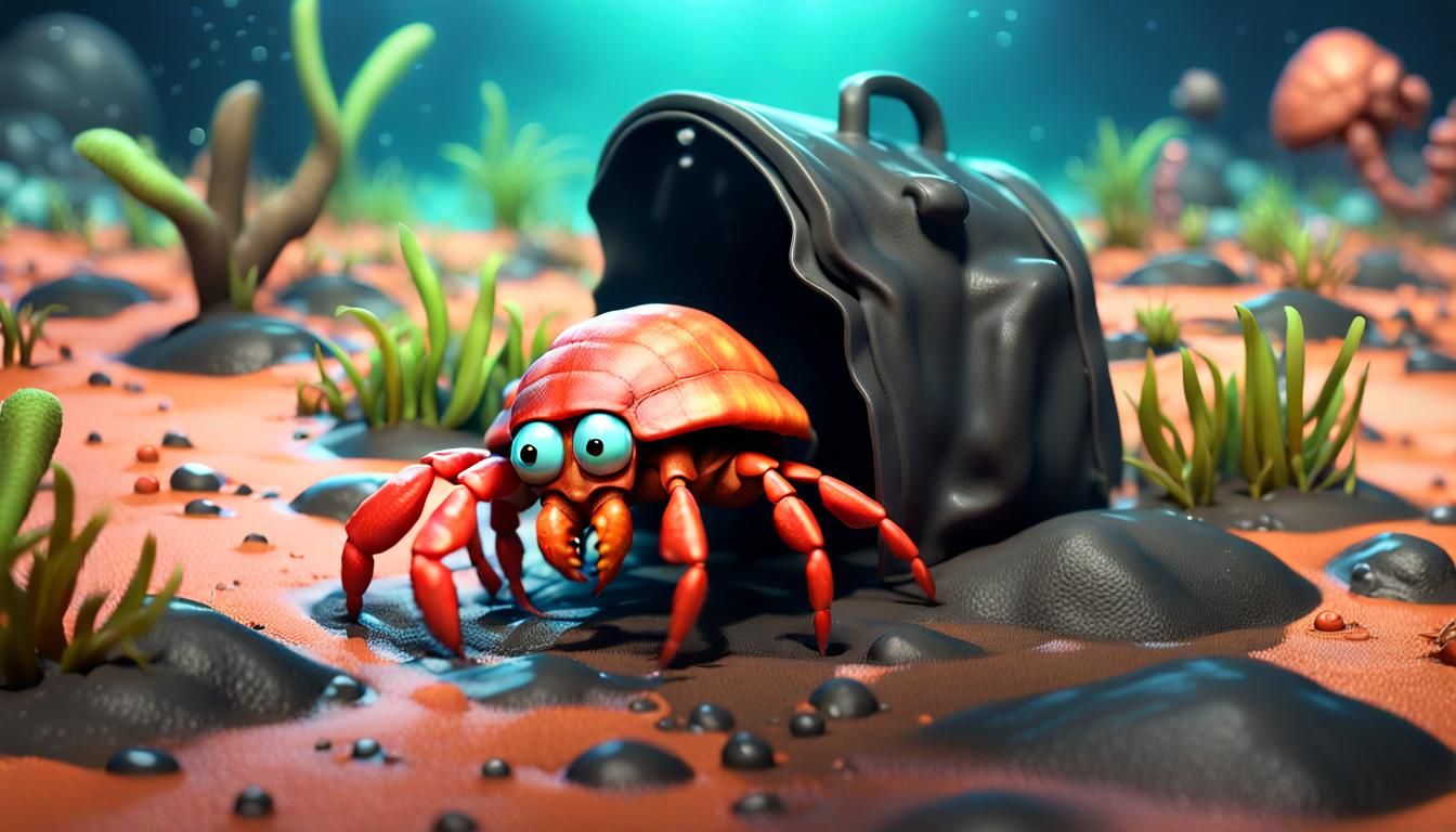 Chibi Hermit Crab Crawling in Toxic Underwater Wasteland