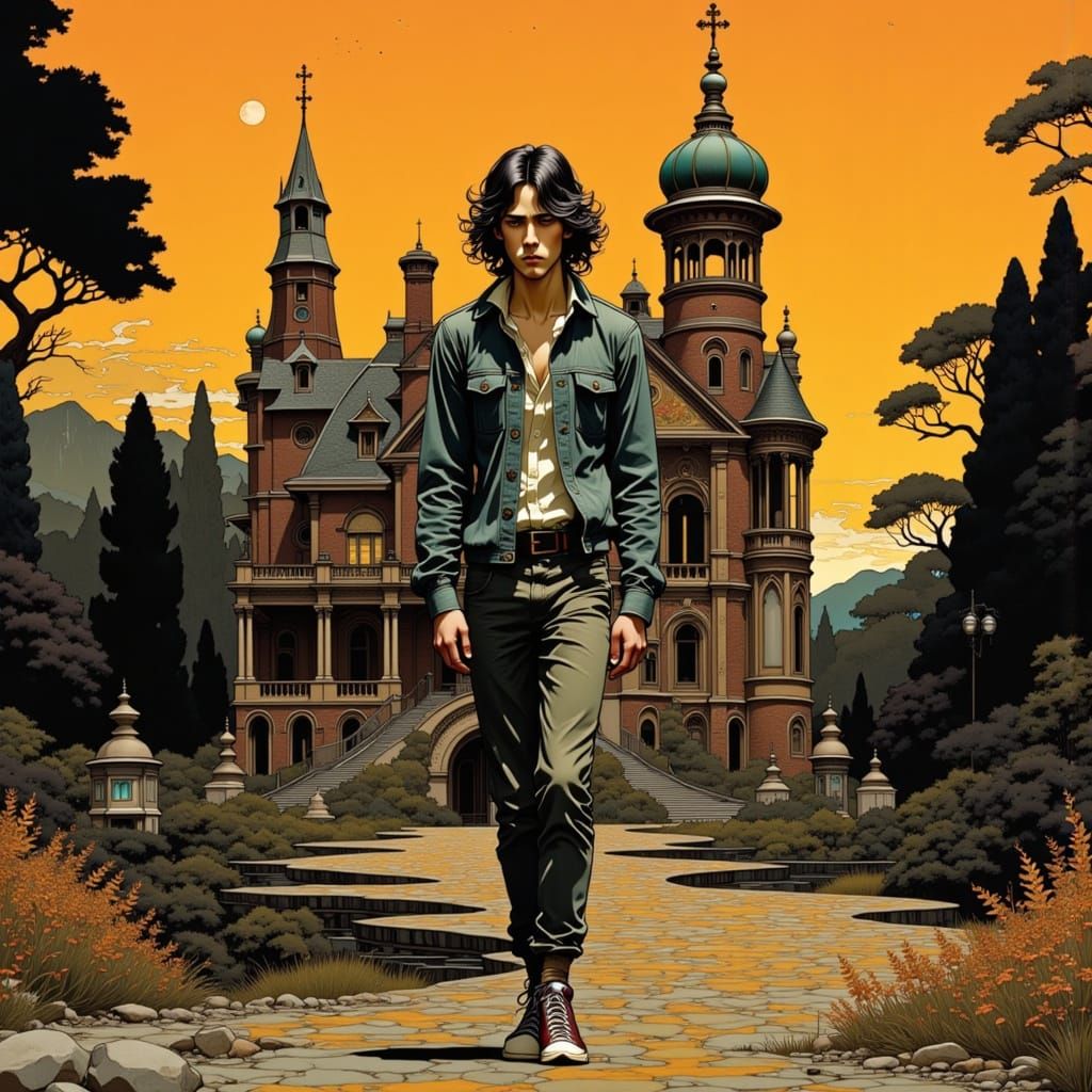 Cyber Paperboy Amidst Baroque Ruins in Warm, Golden Light