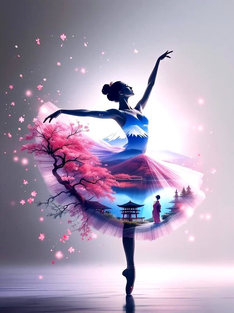 Ballerina Double Exposure with Japanese Landscape