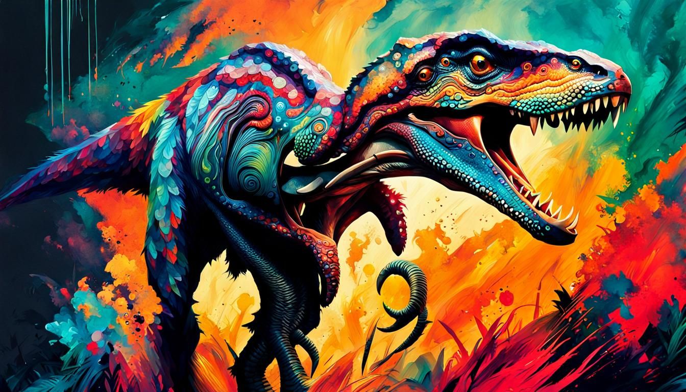 Velociraptor's Feast: A Vibrant Digital Illustration
