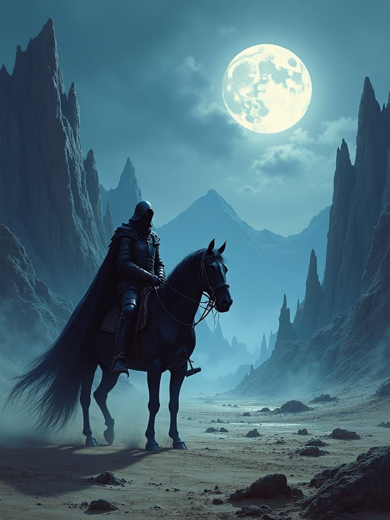 Shadow Knight Rides Through Wasteland Landscape