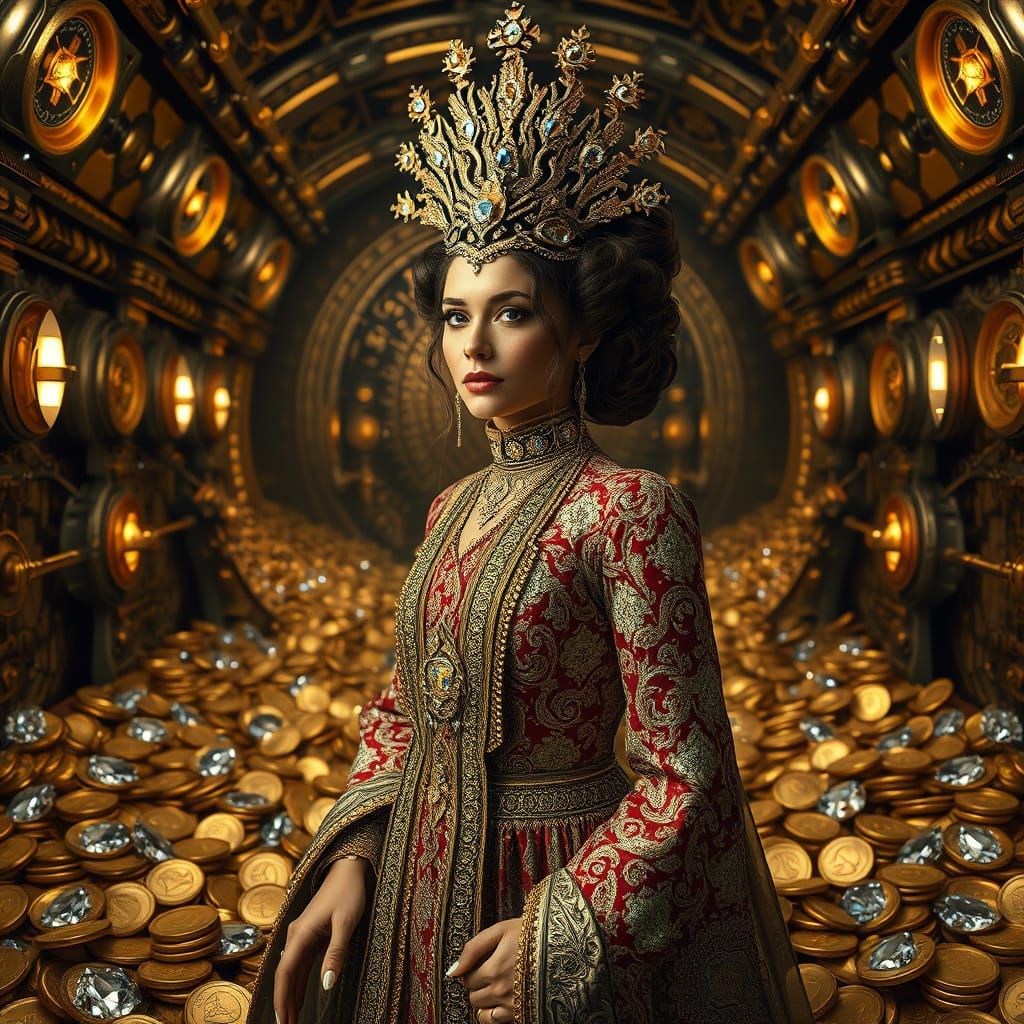 Opulent Vault of Gold Coins and Jewels in Cosmic Alignment