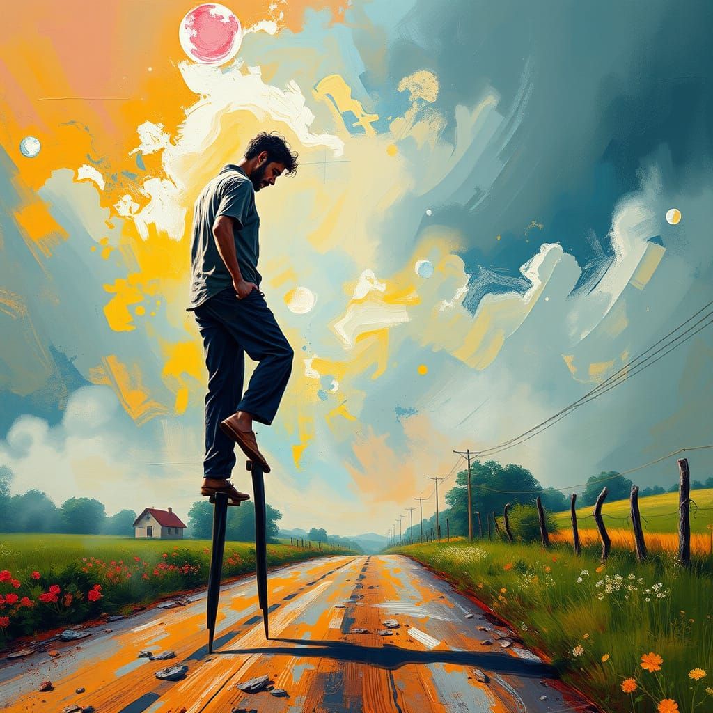 Man Walking on Stilts in a Vibrant Country Landscape