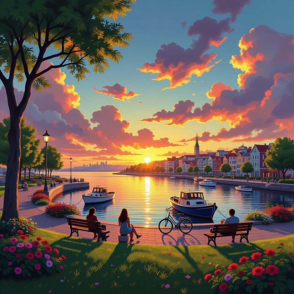 Vibrant Bay Park Sunset in Storybook Style