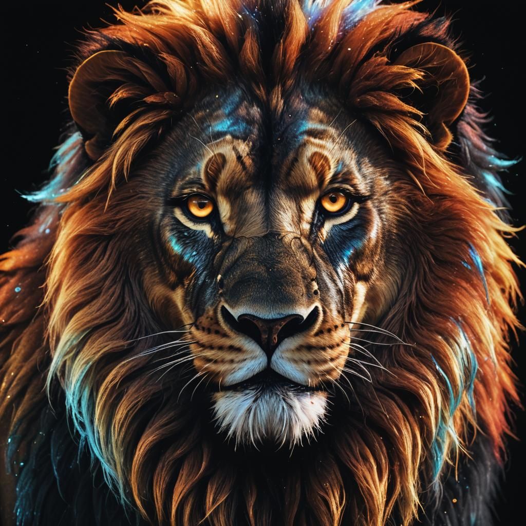 Cinematic Lion Hologram in Warm, Vibrant Triadic Colors
