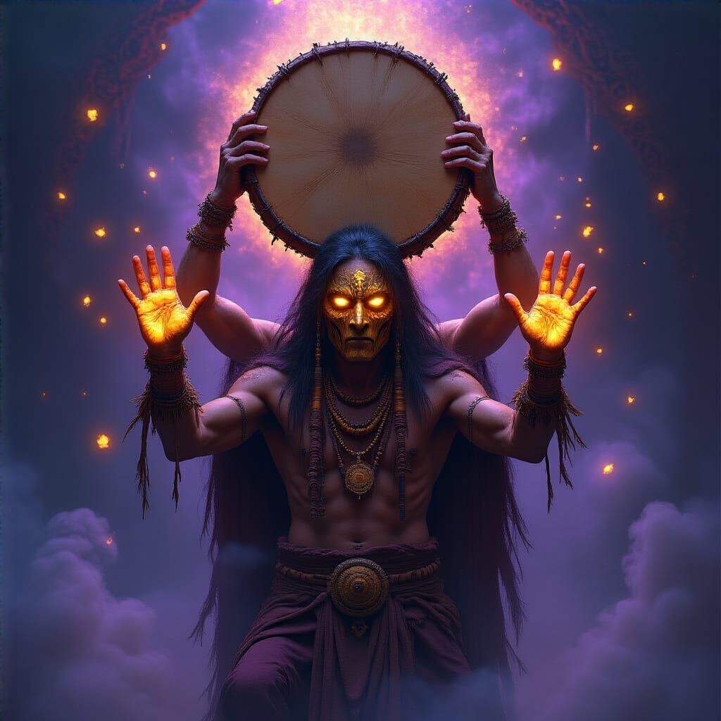 Mystical Shaman with Three Arms and Glowing Palms
