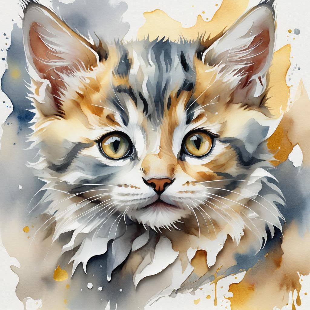 Whimsical Watercolor Kitten Portrait in Paper Art Style