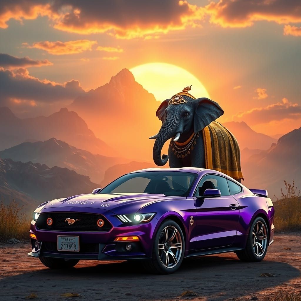 Mystical Purple Mustang on Sunset Mountain with Regal Elepha...