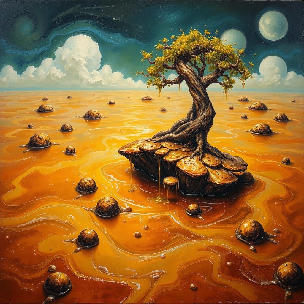 Surreal Honey Ocean With Paint Islands And Dripping Tree