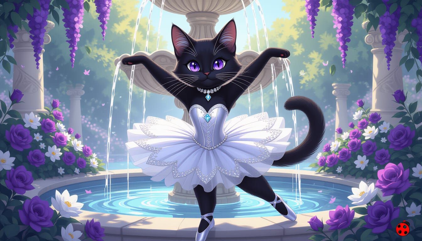 Black Cat Ballerina in Ornate Floral Setting