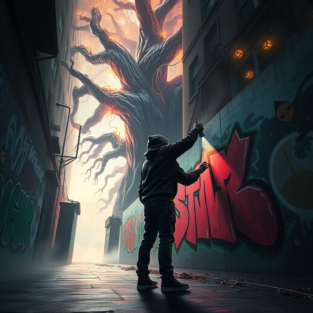 Eminem Spray Painting Surreal Mural in Alleyway