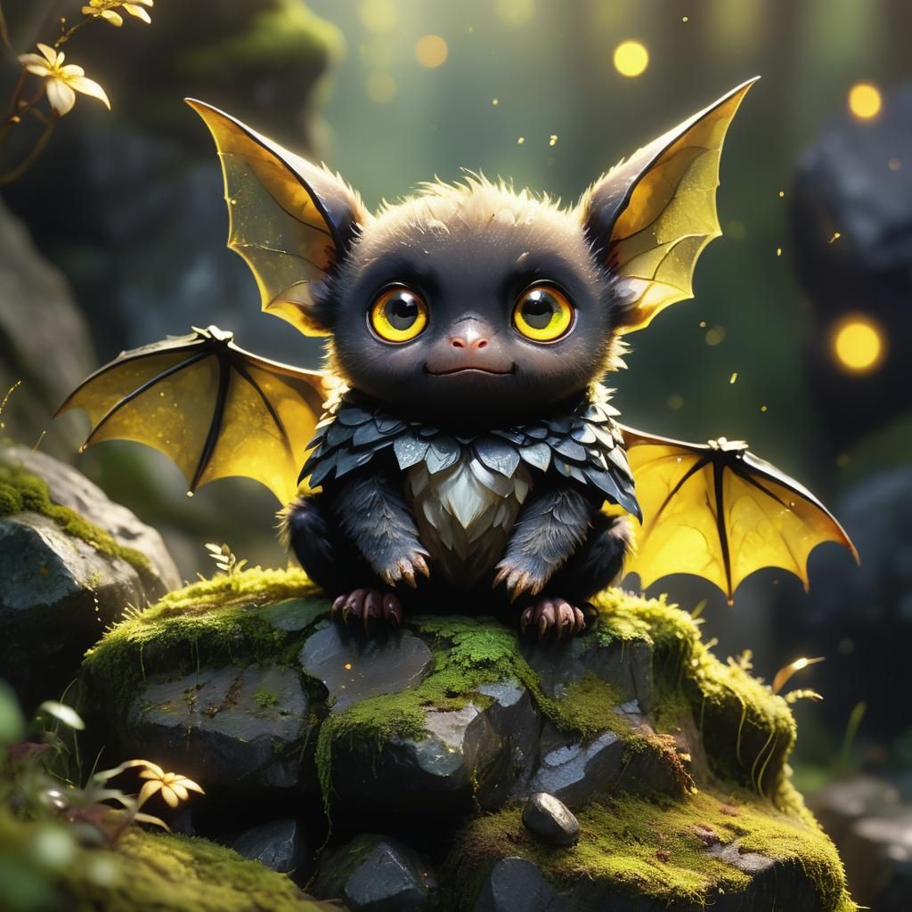 Adorable Fuzzy Bat with Yellow Eyes in 3D Anime Style