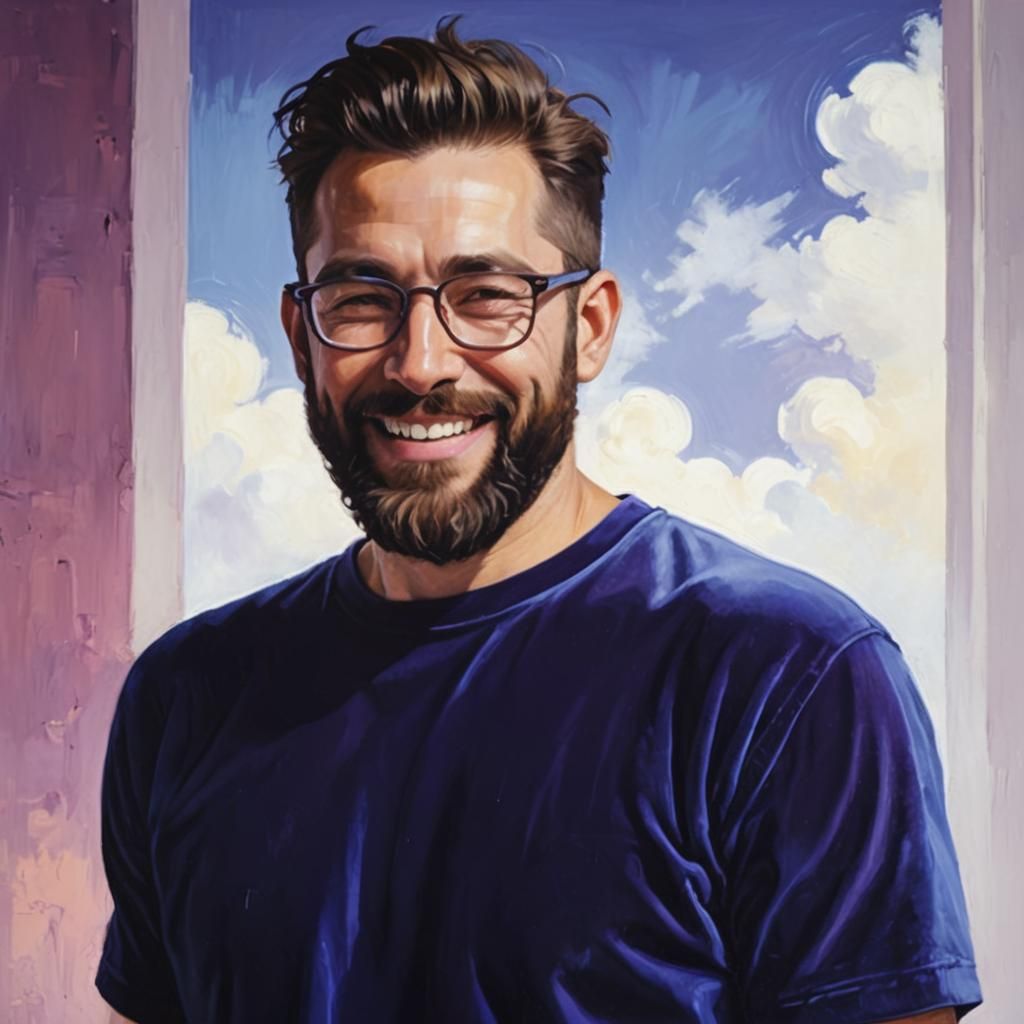 Bearded Man in Neo-Impressionist Oil Painting with Velvet T-...