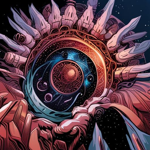 Alien Mandala Planet with Spacecraft in Comic Art Style