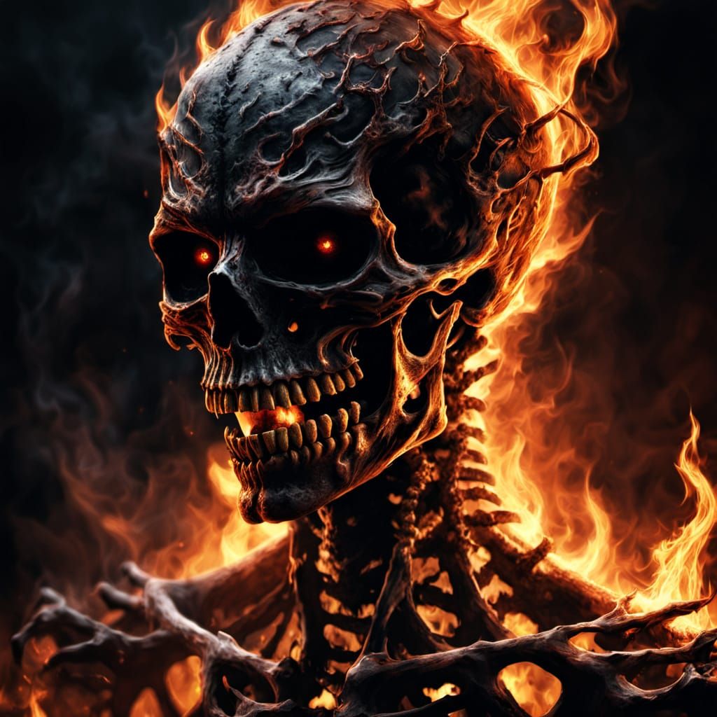 Burning Demon Skeleton Face in Dark Fantasy Style