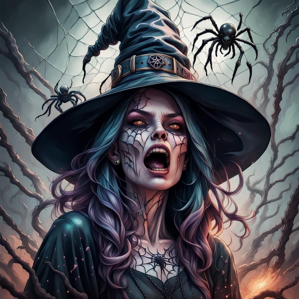 Undead Witch Portrait with Spider Web Tattoos