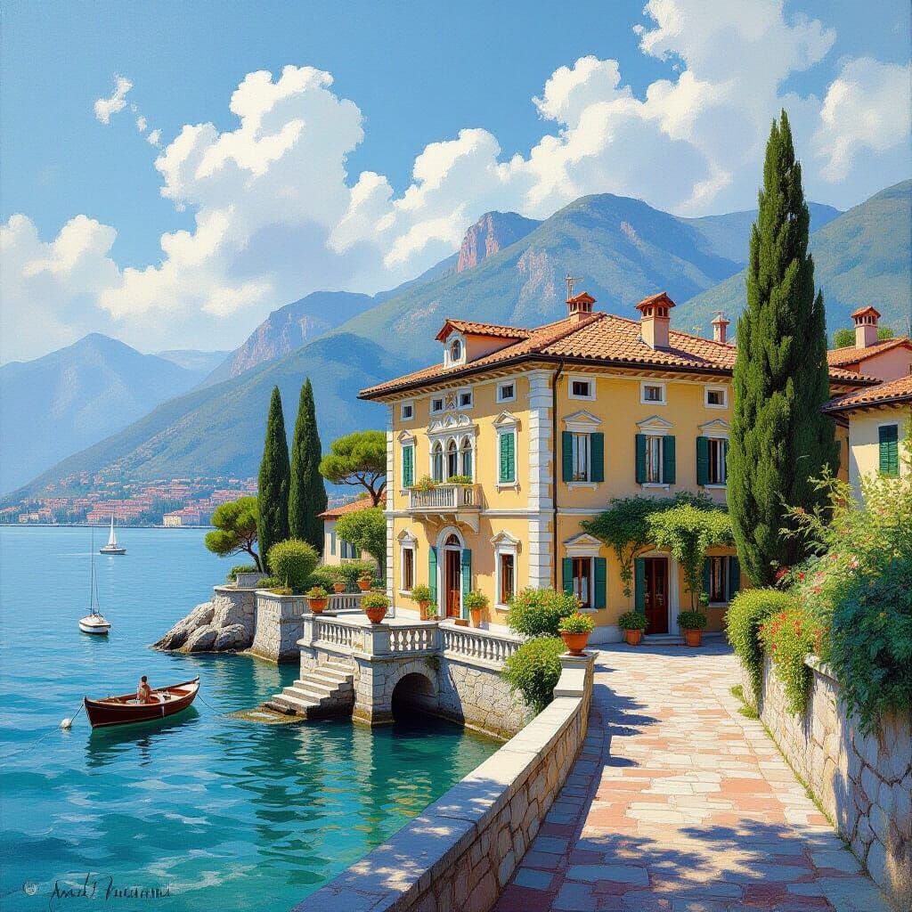 Lush Oil Painting of Historic Lake Garda House
