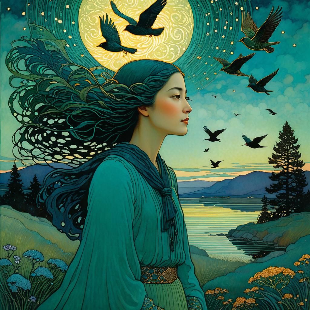 Woman Flying with Birds, Illustrative Painting