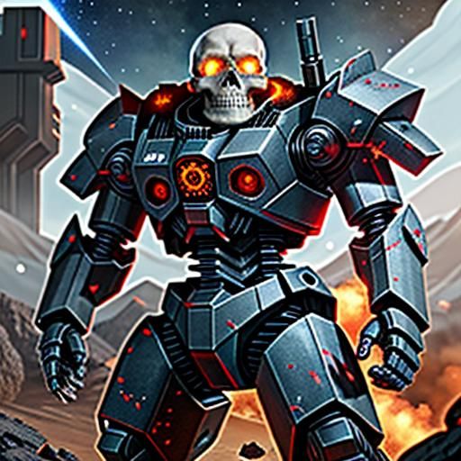 Metal Skull with Glowing Eyes in Explosive Starscape