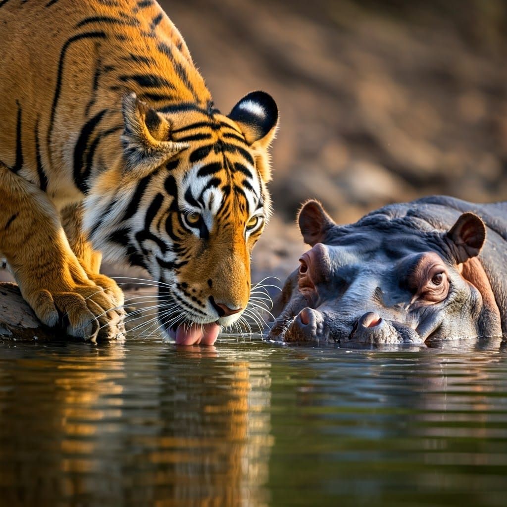 Tiger and Hippo Gaze in Wildlife Photo
