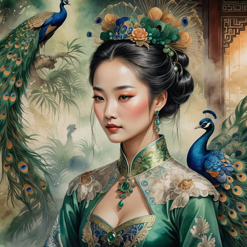 Chinese Princess with Peacock in Ink Illustration
