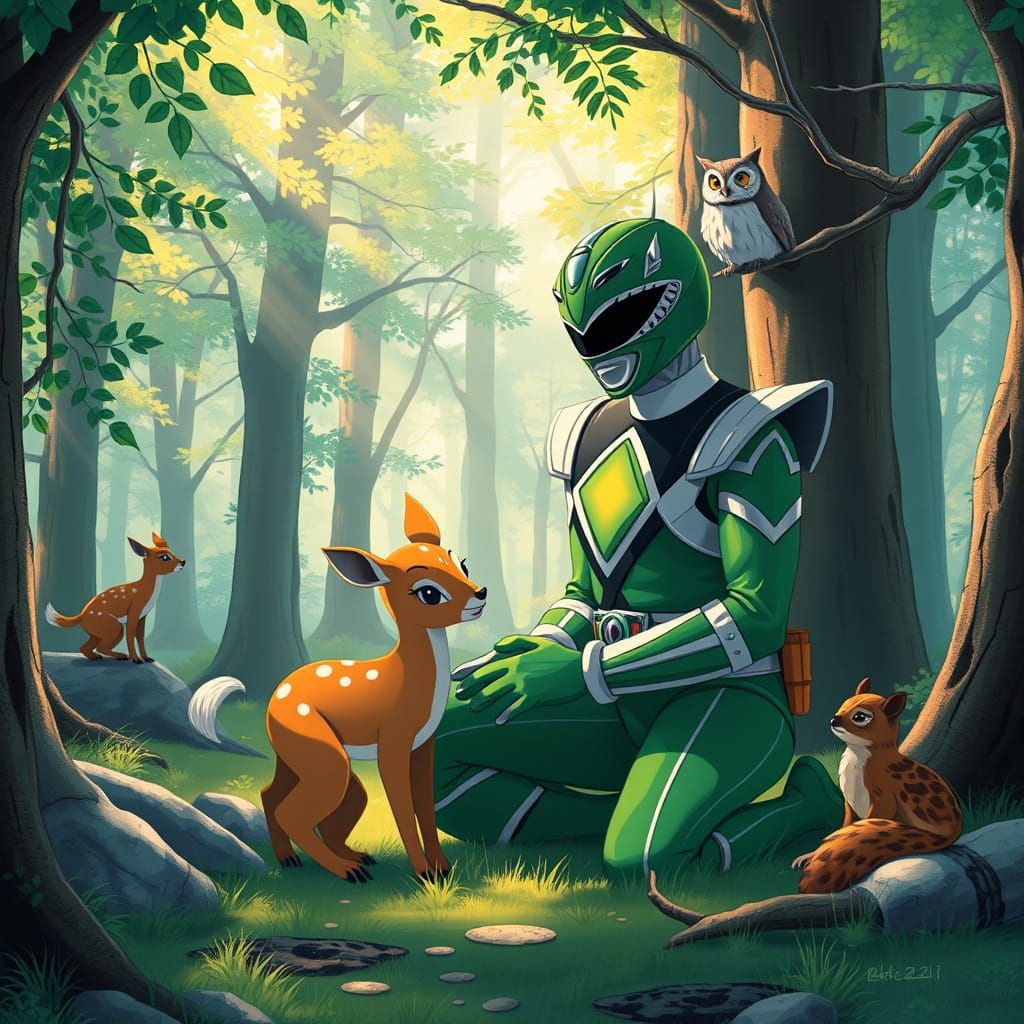 Green Power Ranger with animals around Ghibli