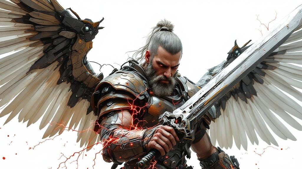 Cybernetic Warrior with Mechanical Wings in Art Nouveau Styl...