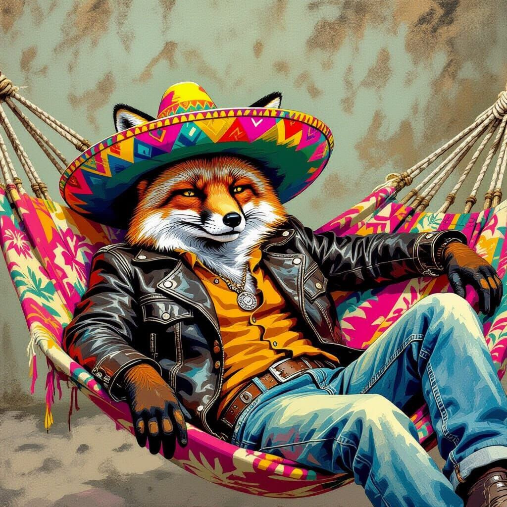 Fox in Sombrero Lounging in Hammock, Pulp Fiction Style