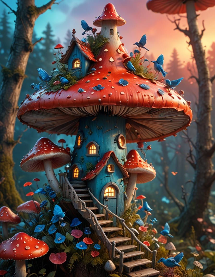 Whimsical Mushroom Birdhouse in Dreamlike Fantasy Art