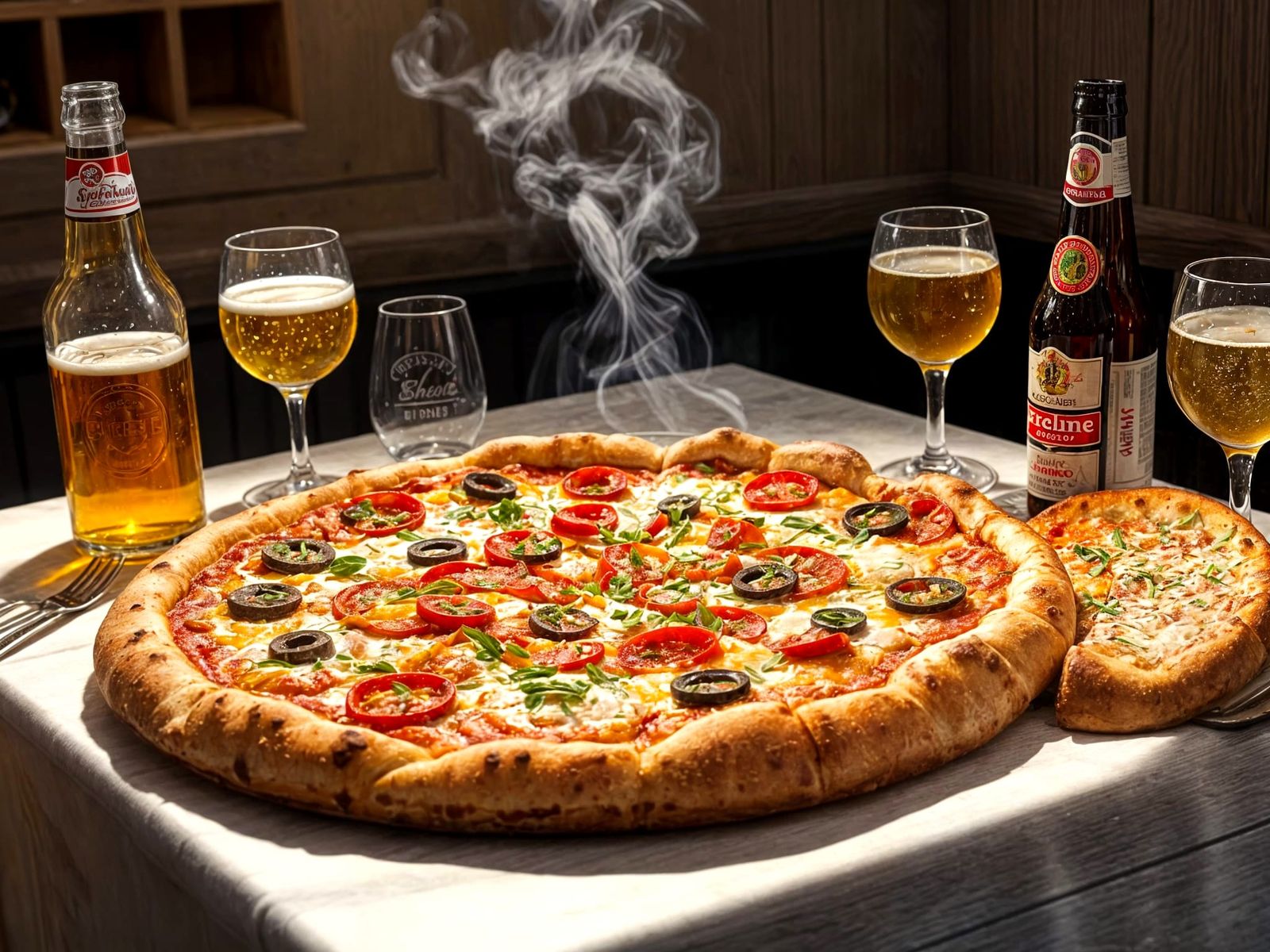 Supreme Pizza Dinner with Beer and Garlic Bread