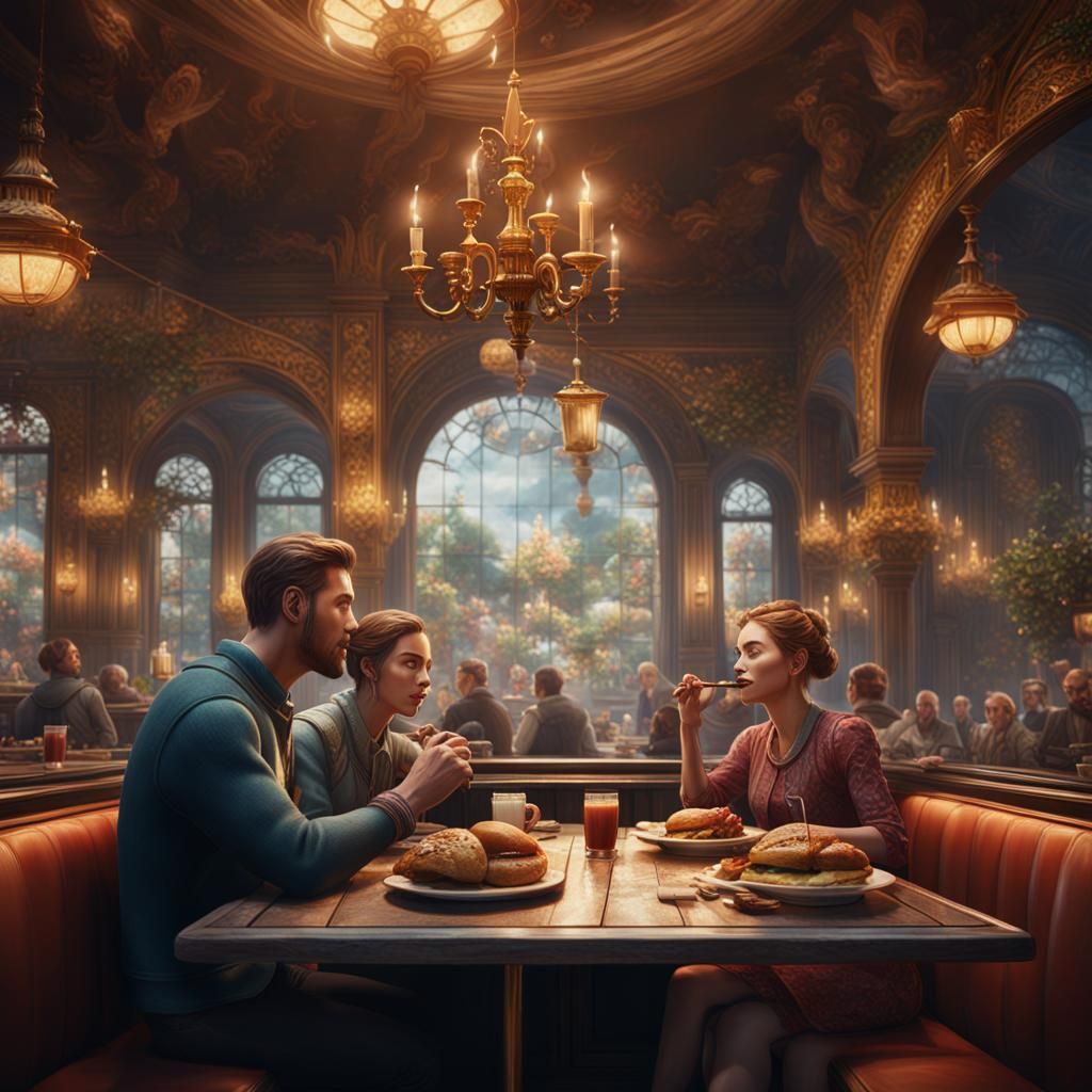 People Eating in Cafe: Detailed Matte Painting