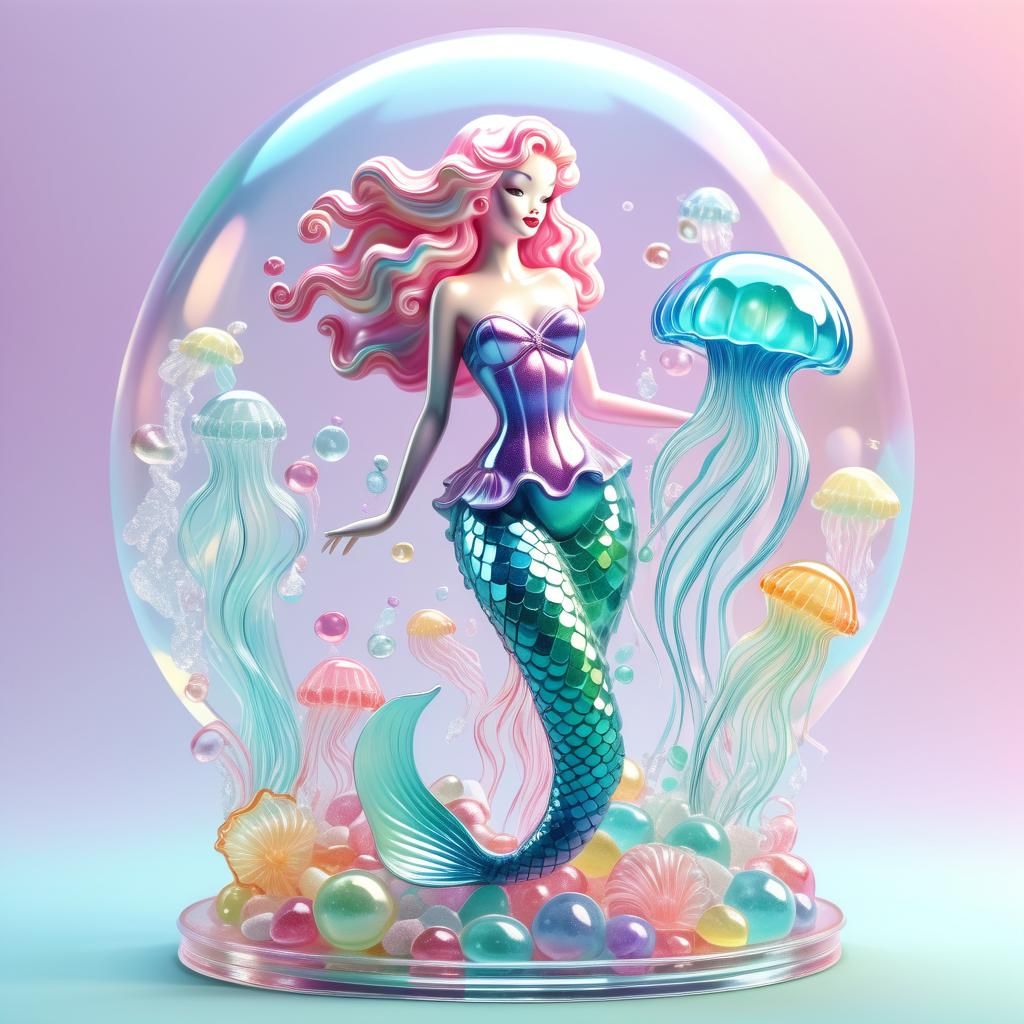 Jelly Mermaid and Jellyfish Sculpture in Candy Art Style