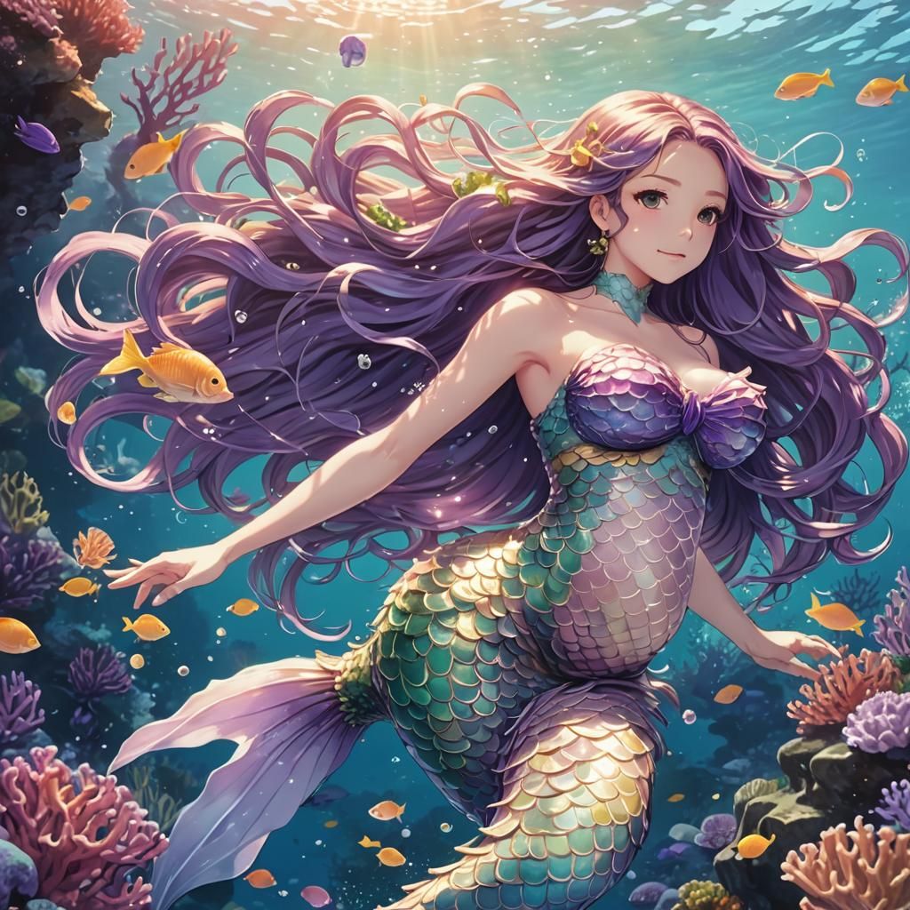 Pregnant Mermaid in Anime Key Visual Style