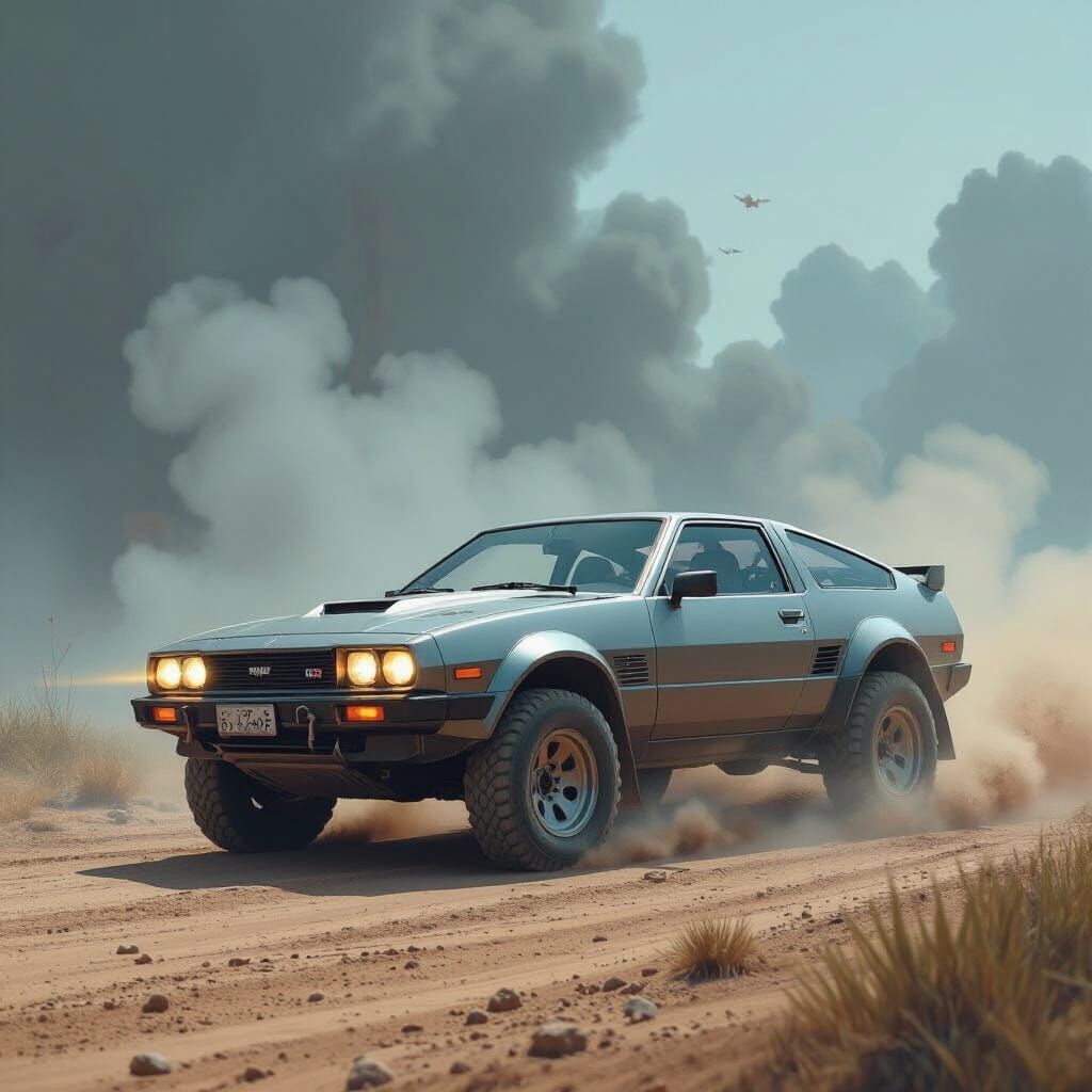 Sleek Off-Road Car Drifting in a Haze