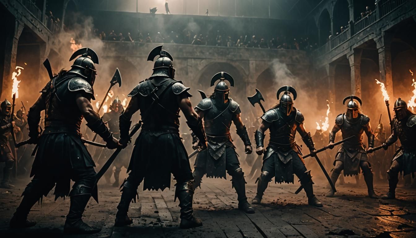 Dark Fantasy Gladiators Fight Monsters in Coliseum