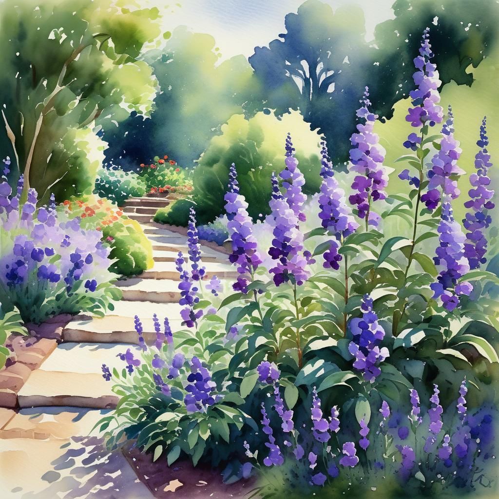 Impressionist Watercolor: Leander Plant in a Lush Garden
