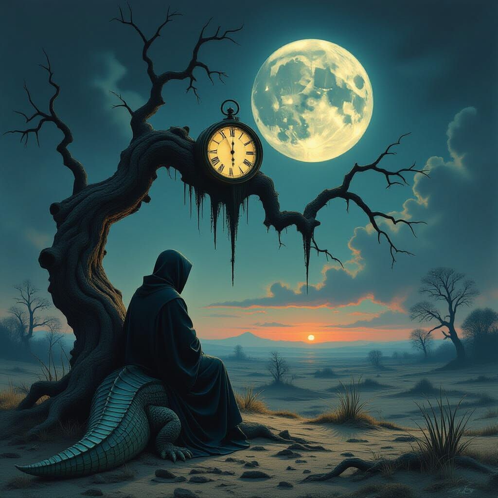 Surreal Crocodile Contemplates Melting Clock in Twilight