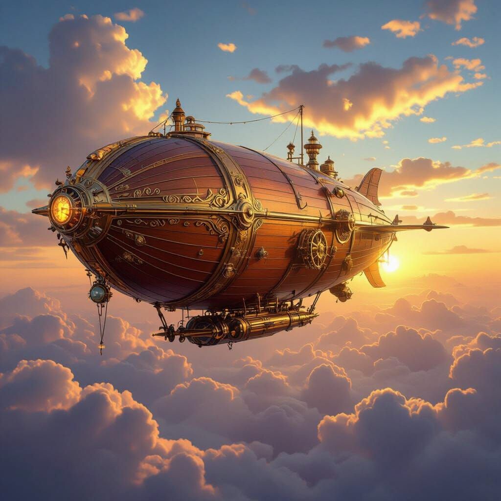 Steampunk Airship Soaring Through Cloudscape